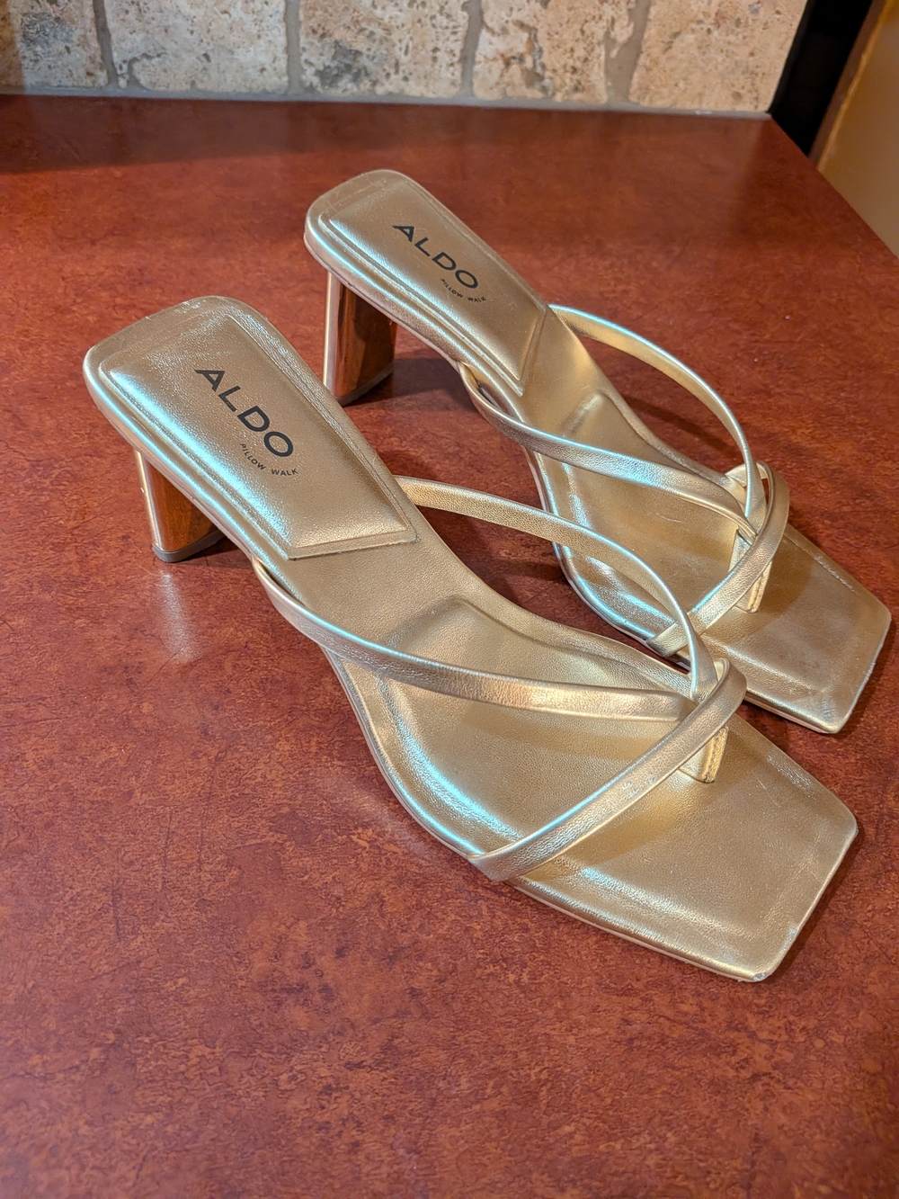 ALDO Gold Strappy Square-Toe Block Heel Sandals